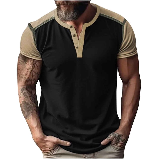 Blusa de Manga Corta Hombres Versátil Moda Color Bloque Botón Cuello Redondo, Camisa Casual Ligera para Diario