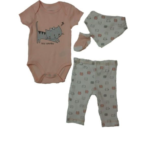 Infant Girls Pink Lazy Caterday Kitty Cat Kitten 4-PC Bodysuit Outfit