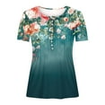 thumbnail image 3 of Fmbrln Womens Plus Size Summer Fashion Floral Print Tops Casual Short Sleeve Button V Neck Pleated T-shirts Comfy Loose Blouse Green L, 3 of 5