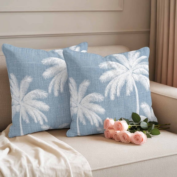 Outdoor Throw Pillow Covers,Summer Tropical Palm Tree Blue Linen Waterproof Decorative Pillowcases Cushion Cover Farm Trees Silhouette Pillow Cases for Patio Couch Sofa Bed,18x18in Set of 2