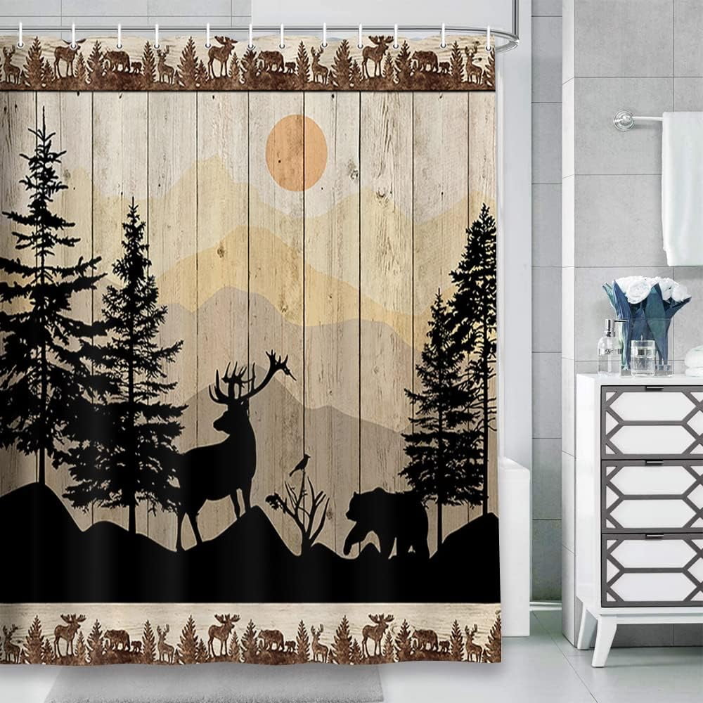 Cabin Shower Curtain, Rustic Shower Curtain Set, Cute Bear Deer Forest Print on Country Farmhouse Lodge Wooden Board Cloth Shower Curtains Bathroom Accessories with 12 Hooks, Tan Brown, 72X72in