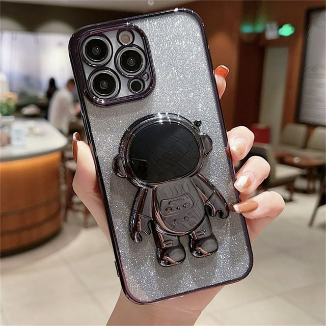 Gradual Glittering Pink Phone Case With Cartoon Astronaut Holder For,iPhone14/14Plus/14Pro/14ProMax ,iPhone13/13Mini/13Pro/13ProMax ,iPhone12/12Mini/12Pro/12ProMax, ,iPhone11/11Pro/11Pro Max ,iPhoneX