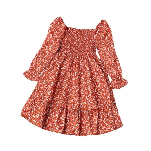 Robes pour Filles Catégorie Produit Automne Robe Carrée Florale pour Filles avec Manches Longues Design Imprimé Conçu pour le Confort et le Usage Quotidien