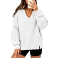 thumbnail image 2 of thefmos Women's Deep V Neck Long Sleeve Sweatshirt Side Slit Plus Size Solid Color Casual Fashion Pullover Fall Winter Clothes, White M, 2 of 6