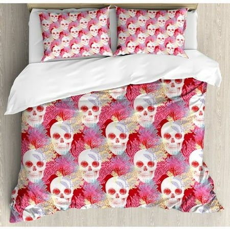 Ambesonne Coral Double Exposured Graphic Mexican Skull Bones And