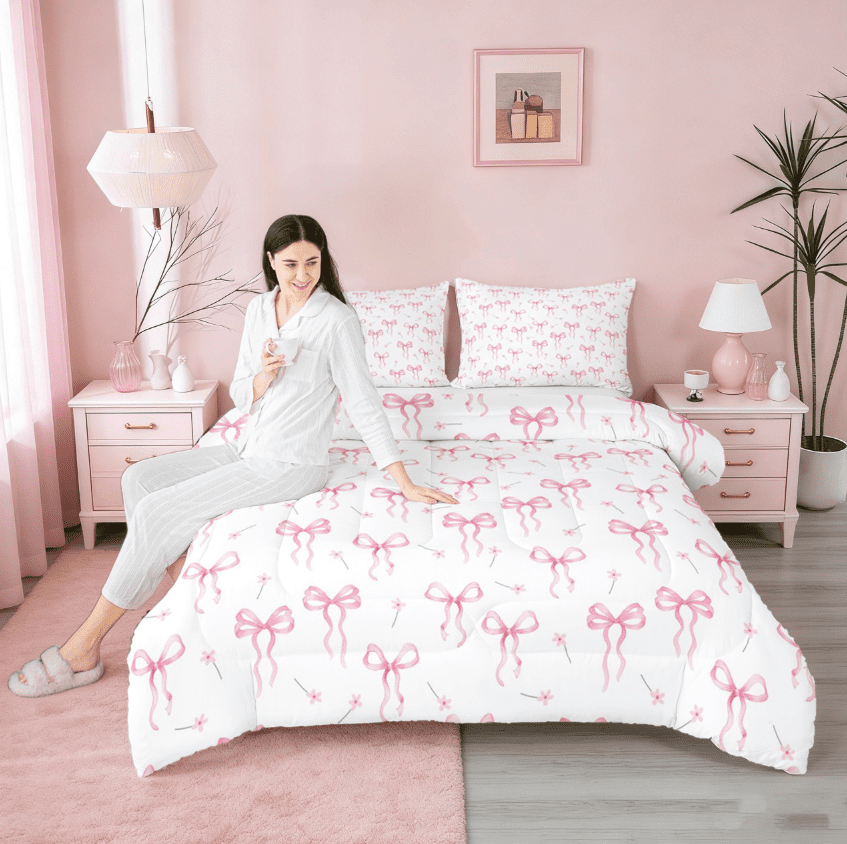 jejeloiu Kawaii Bow Queen Comforter Set,Girls Bow Knot Bedding Sets,Pink White Flower Bedding Comforter Set For Child,Breathable Bedroom Decorative Reversible,3-Piece
