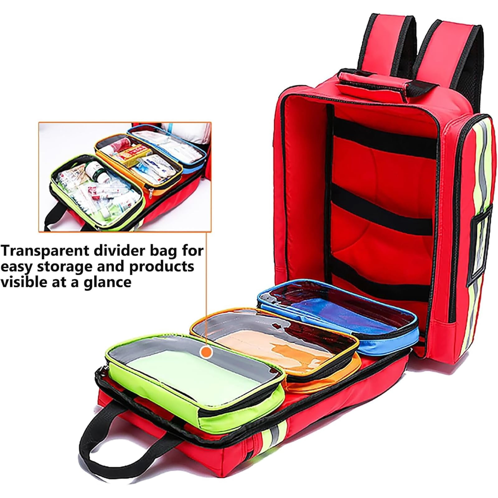High Capacity First Aid Kit Empty Bag, Family First Aid Organiser with Multiple Pockets and Reflective Strip Design, Large Capacity Emergency Treatment Backpack for Home and Travel