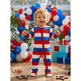 thumbnail image 6 of BemeyourBBs Newborn Baby Girl Boy 4th of July Outfit Footed Romper FootieJumpsuit Infant Baby Patriot Independent Day Clothes American Flag Stripe Print Ruffles Long Sleeve Zipper Romper Headband Set, 6 of 8