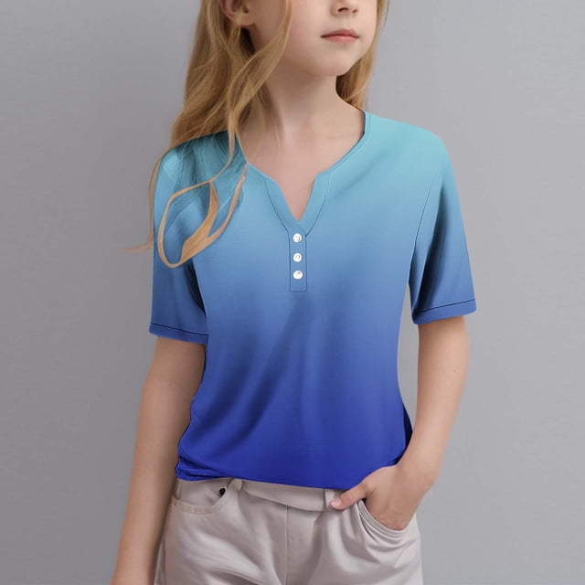 Soki Girls Shirts Gradient Tshirt Short Sleeve Tops V-neck Shirts Tee 3-14 Years