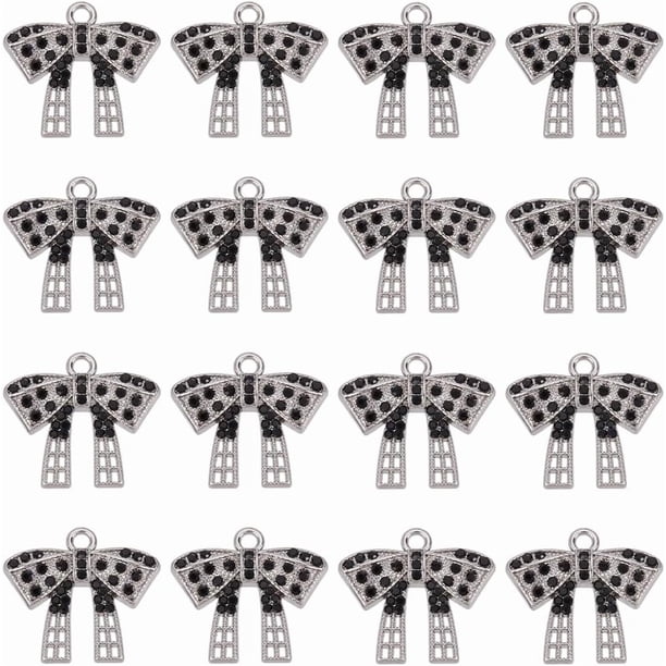 1 caja de 20 amuletos de lazo con diamantes de imitación plateados, aleación de metal a granel, lazos de diamantes de imitación negros