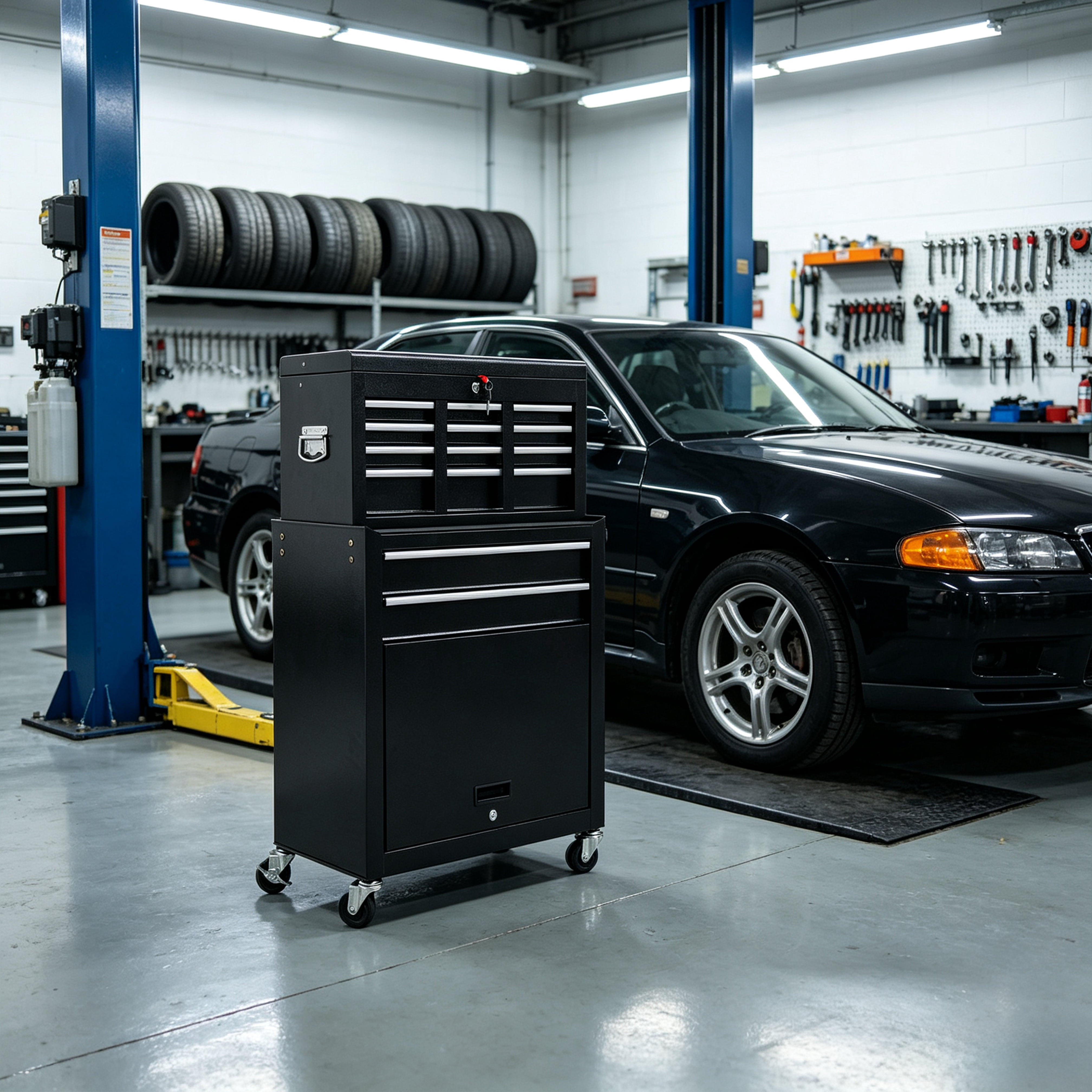 8 Drawer Rolling Tool Chest,2-in-1 Detachable Top Box,Metal Tool Storage Cabinet with Drawer Liners,Lockable Wheels & Side Hooks,Heavy-Duty Tool Cart for Garage Workshop,Black
