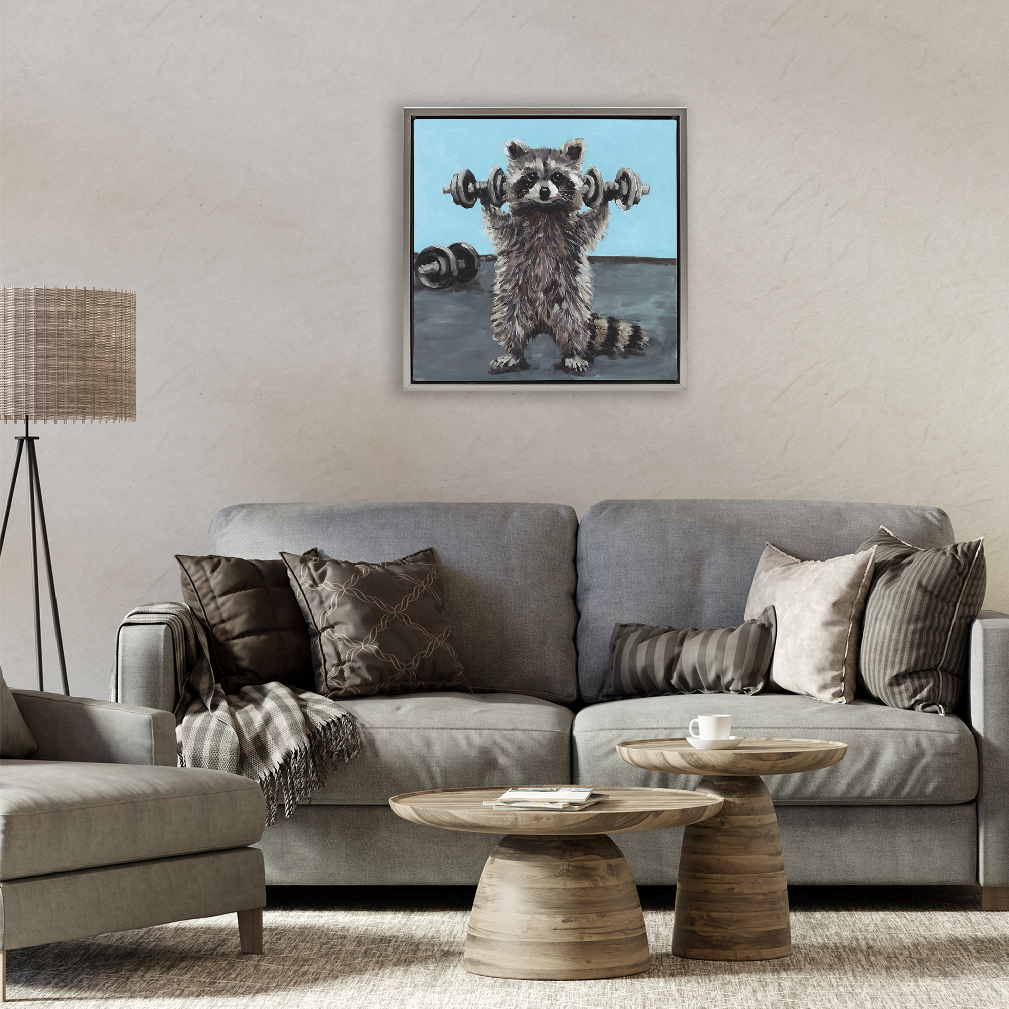 Fitness Raccoon with Weights Gray Framed Floater Canvas Wall Art, design by Studio Bautista