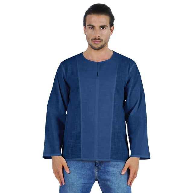 Atasi Kurta à Manches Longues pour Hommes en Coton Slub Uni à Col Rond Chemise Ethnique-7607