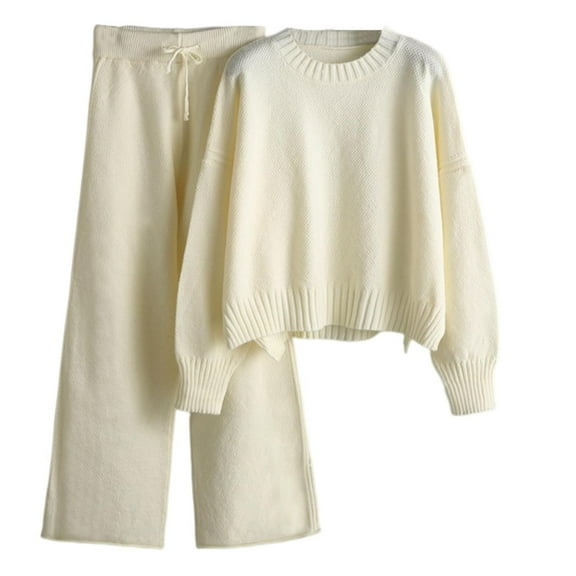 Women's 2 Piece Sweater Outfits Set Loungewear  Fall Clothes Elegant Jogger Long Sleeve Crewneck Sweater Casual Loose Wide Leg High Waisted Pants Solid Color Comfy Beige Free Size