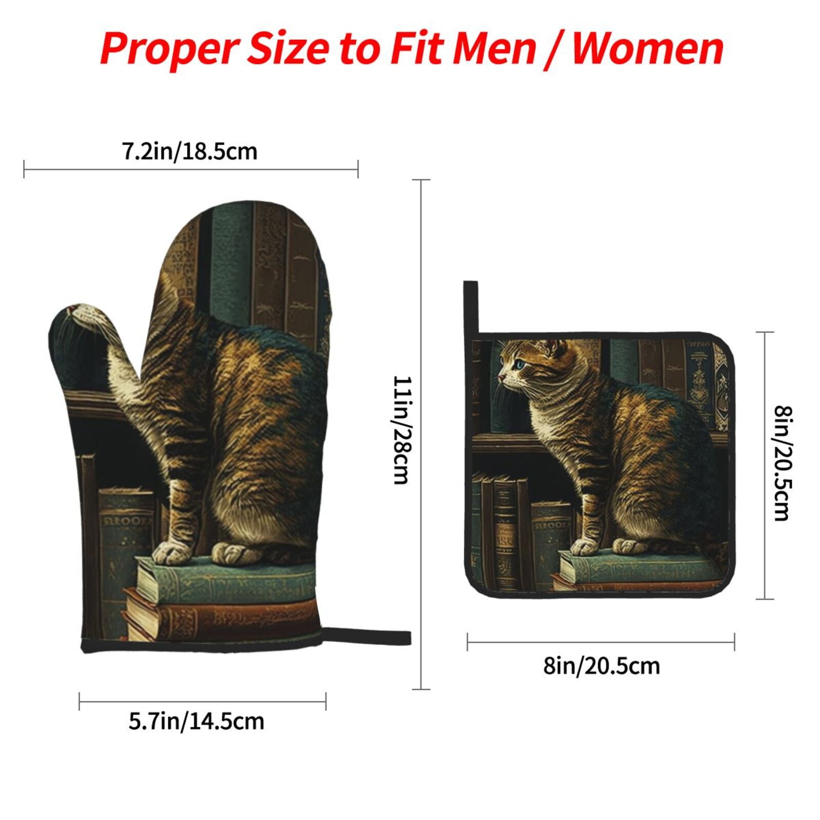 Vintage Cat Library Books 4Pcs Oven Mitts and Pot Holders Sets Oven Kitchen Gloves Hot Pads for Cooking BBQ Baking Grilling