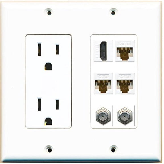 RiteAV Power Outlet HDMI White 2 Coax 3 Cat6 Wall Plate White