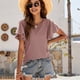 thumbnail image 4 of Camiseta de mujer Top informal con manga con volantes y cintura hueca （Rojo oscuro）, 4 of 6