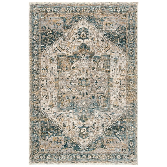 SAFAVIEH Valencia James Oriental Polyester Area Rug, Ivory/Blue, 5' x 8'