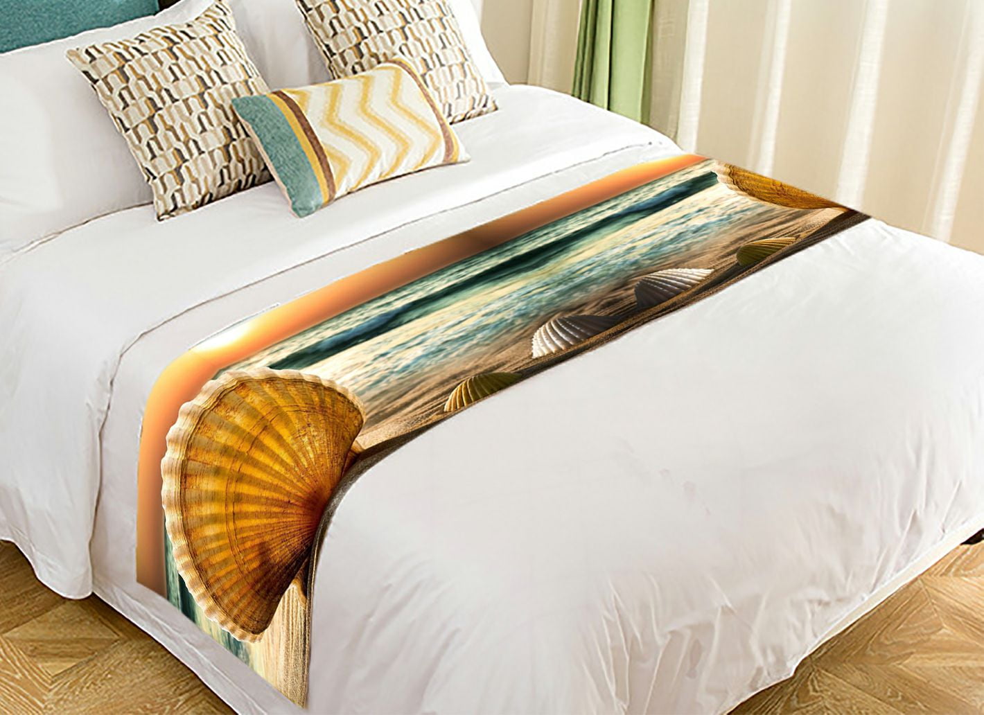 ZKGK Sunset Sea Beach Seashell Bed Runner Bedding Scarf Bedding Decor