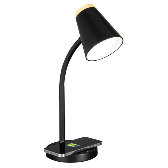 OttLite Gleam LED Desk Lamp with Wireless Charging, Dimmable, Black with Wood Accent, 3 Color Modes