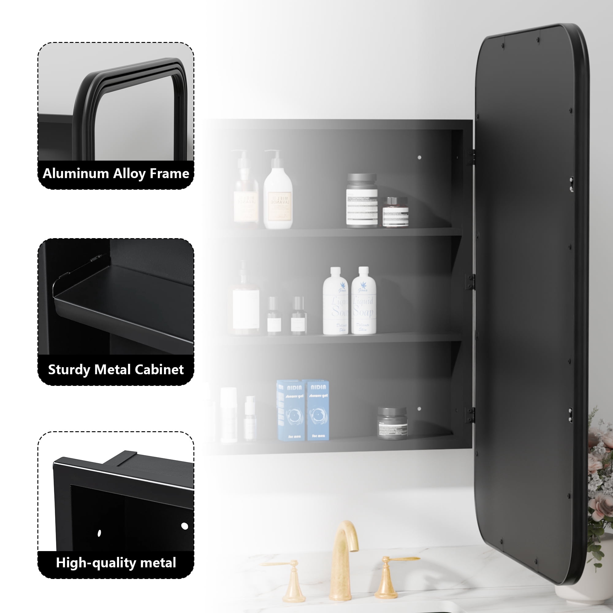 MAYEERTY 35x24x5 Inch Black Metal 3-Ring Round Corner Rectangular Medicine Cabinet for Bathroom