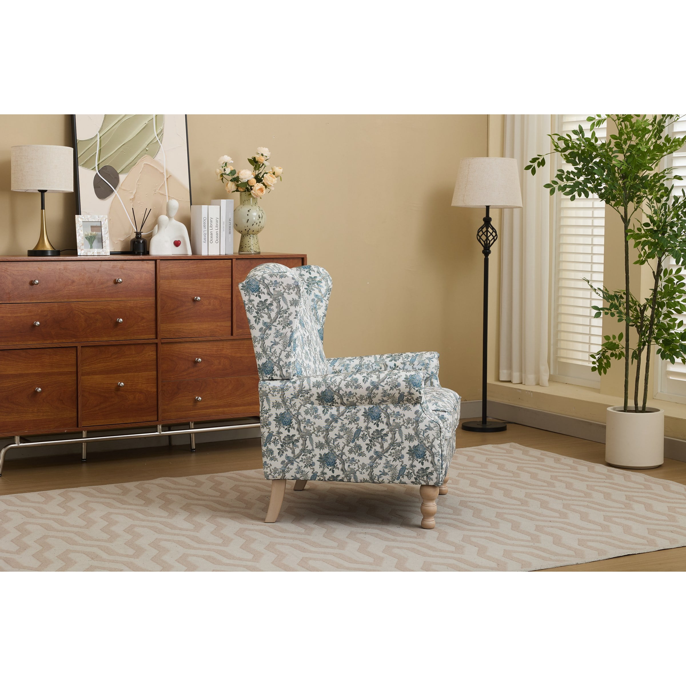 Modern Accent Chair with Retro Wood Legs, Comfy Upholstered Armchair, Floral Design Single Sofa Chair for Living Room Bedroom Office