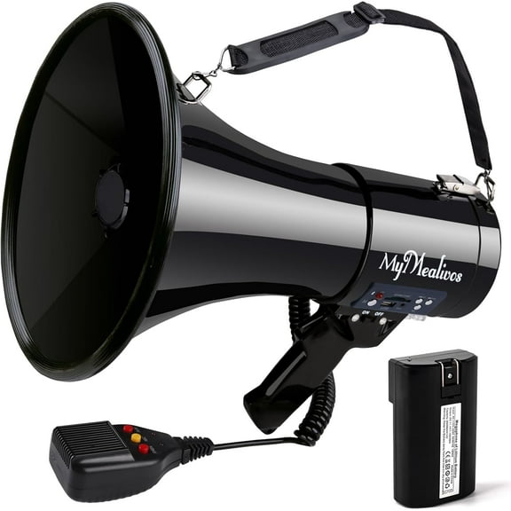 MyMealivos Megaphone with Siren Bullhorn 50 Watt Bullhorn Speaker with Detachable Microphone, Portable Lightweight Strap & 3.5mm Aux Input