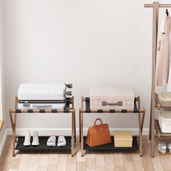 Walnut Bamboo Luggage Rack Pack of 2, Foldable Suitcase Stand with Storage Shelf, Easily Assembled Luggage Stand with 5 Nylon-Straps for Guest Room Hotel Bedroom