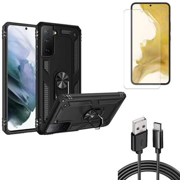 Matte Screen Protector & 6ft USB Cable & Hybrid Case Cover for Samsung Galaxy S22 (6.1") - TPU Film Anti-Glare & Type-C Charger Cord & Metal Ring Kickstand Accessory Bundle