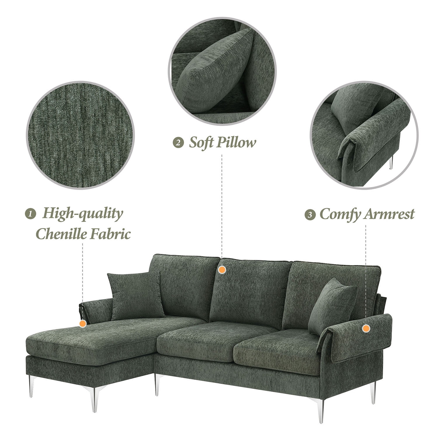 Kadyn 84 " Convertible Sectional Sofa, Modern Chenille L-Shaped Sofa Couch with Reversible Chaise Lounge and Pillows , Fabric Sofa for Living Room, Green