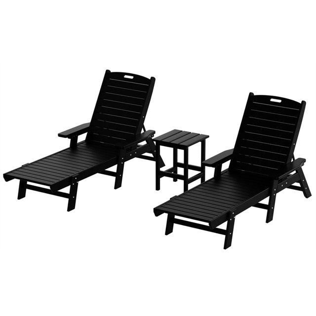 Bayport Ensemble de 3 Pcs de Chaises Longues/table Inclinables en Plastique HDPE pour Extérieur Noir