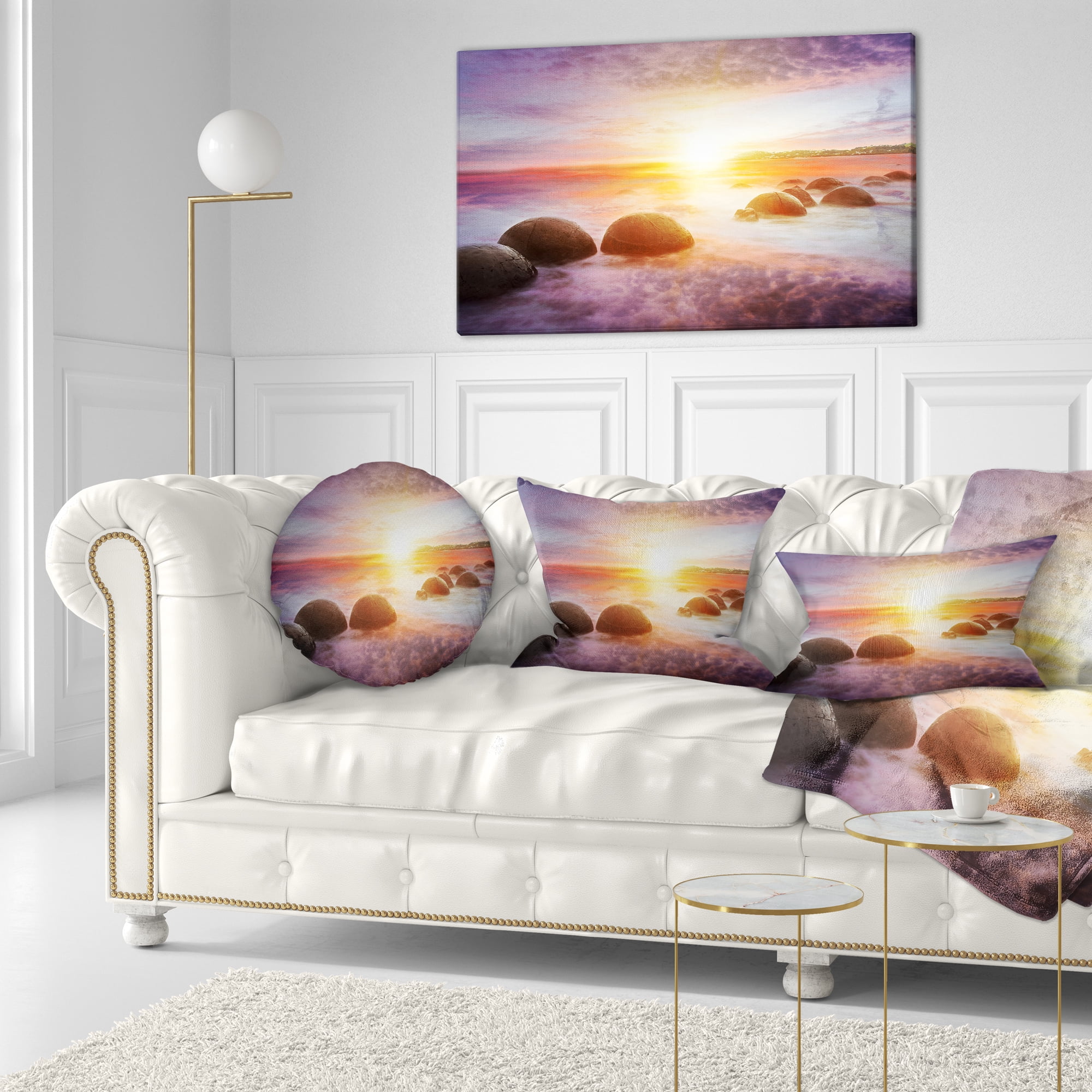 Designart Evening Sun Over Moeraki Boulders - Seashore Photo Throw Pillow - 12x20