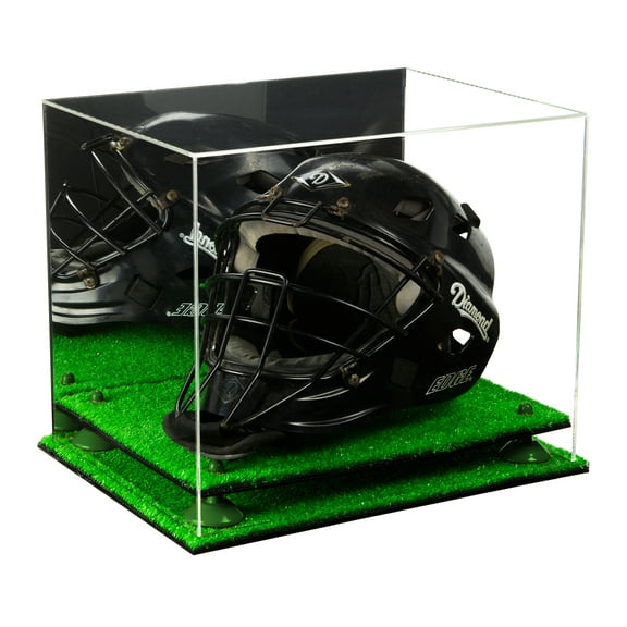 Acrylic Catchers Helmet Display Case with Mirror, Green Risers and Turf Base (A002-GRR)