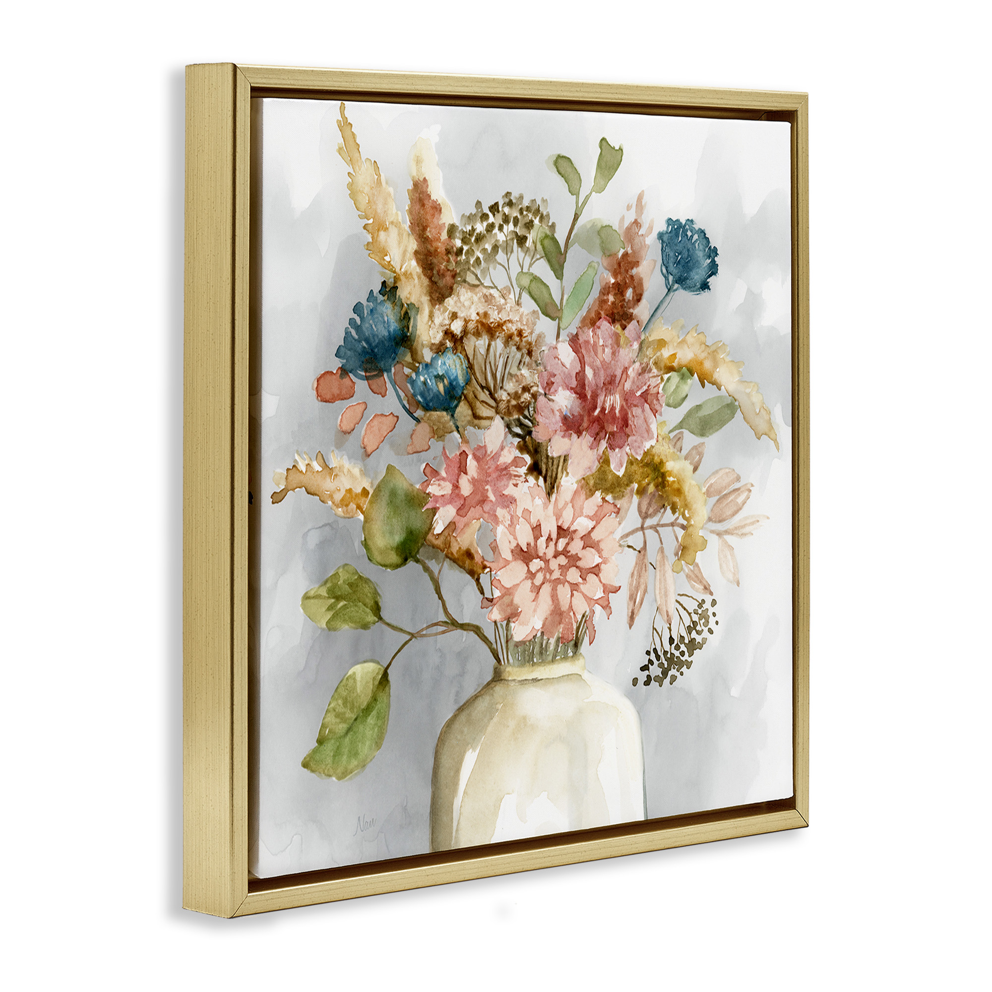 Stupell Industries Wildflower Watercolor Bouquet Botanical & Floral Painting Gold Floater Framed Canvas Art Print Wall Art, 25 x 25