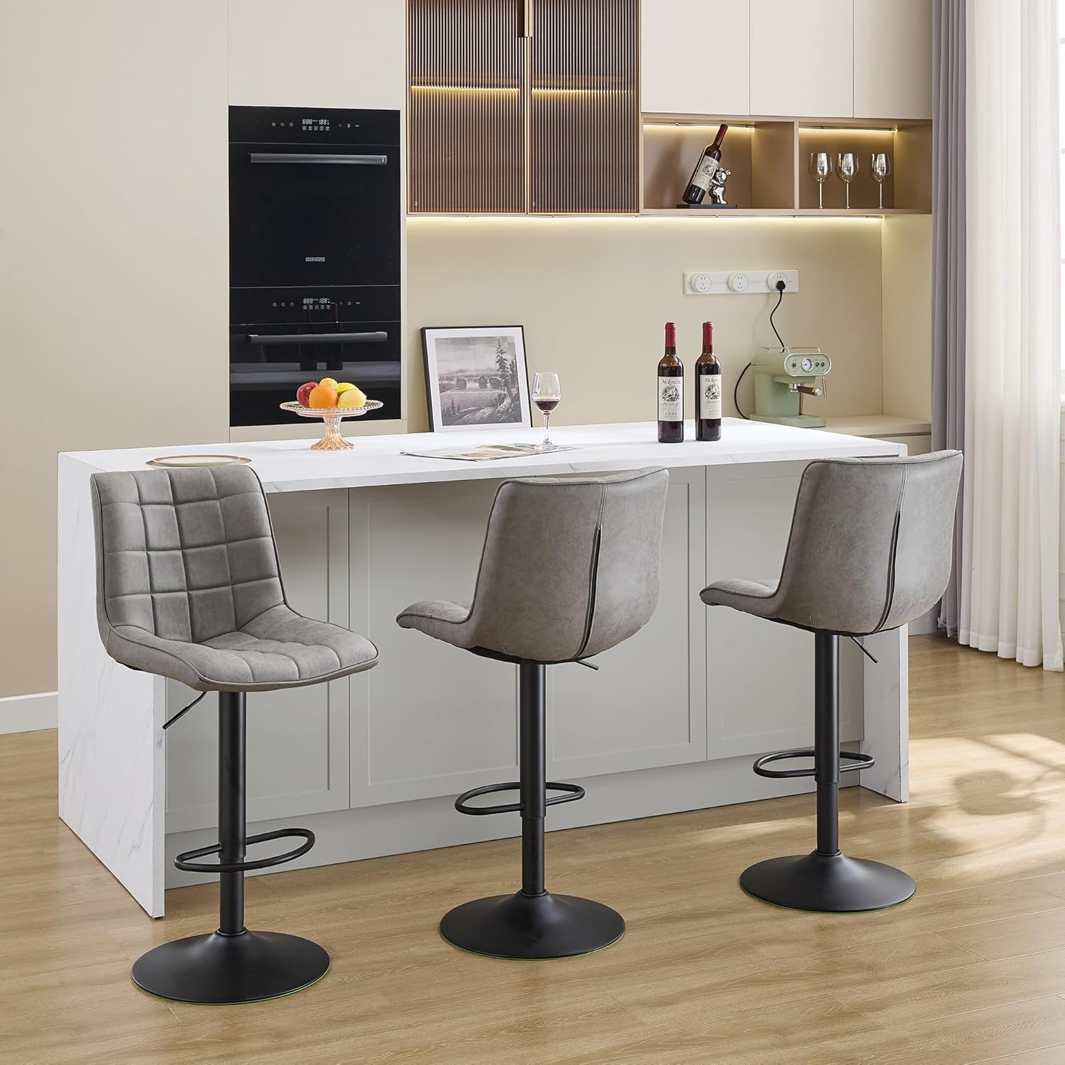 FIRAVOE Bar Stools with Back Set of 3, Adjustable Counter Height Bar Stools, Swivel Barstools Faux Leather Bar Chairs for Kitchen Island, Gray