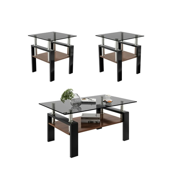 Coffee Table Set of 3,including 1 Coffee Table and 2 Square Eed Tables,living Room Table Set with Tempered Glass for Apartment Home Office,Gray Glass/Black Base