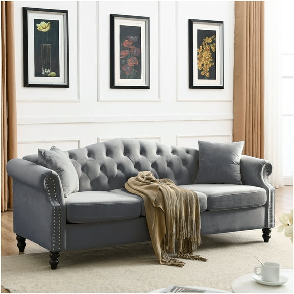 JERFIT 79" Grey Velvet Chesterfield Sofa, 3 Seater Tufted Couch with Rolled Arms, Nailhead Trim and Pillows for Living Room
