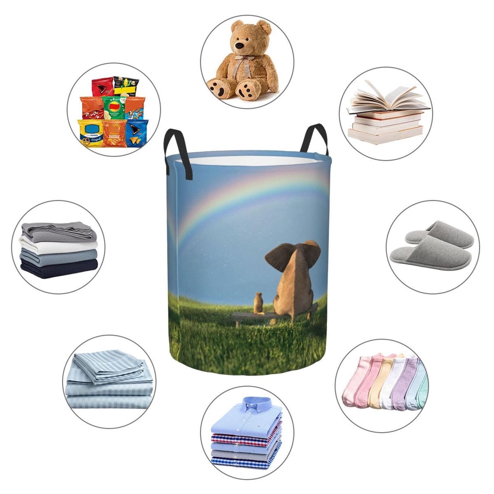Large Laundry Basket with Handles - Elephant Dog Sitting Under The Rainbow Kids Baby Dirty Clothes Laundry Hamper for Bedroom Aesthetic