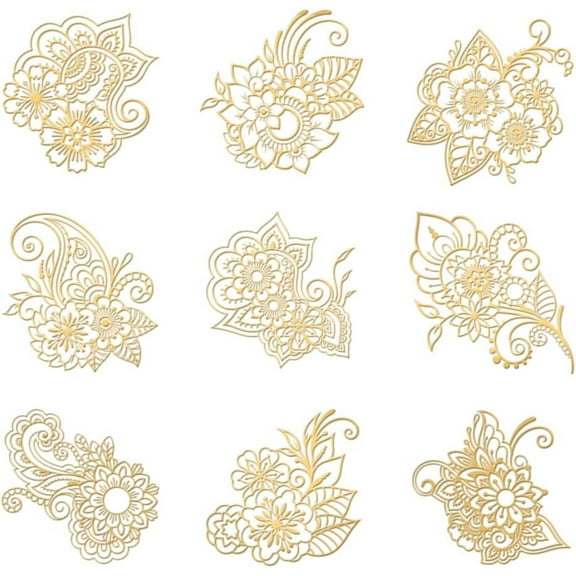 9pcs 1.6x1.6 inch Golden Metal Stickers Flower Stickers Self Adhesive Henna Mandala Stickers Golden Epoxy Stickers for DIY Scrapbooks Epoxy Resin Art Crafts Water Bottle Decor DIY