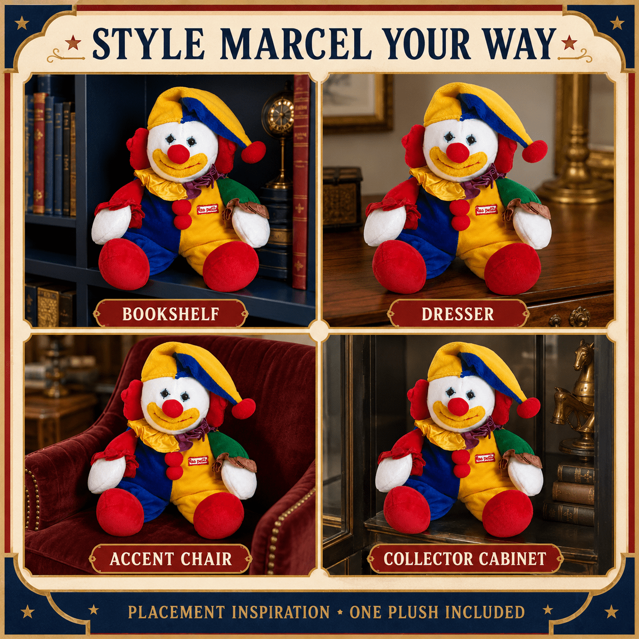 Applause Les Petits Marcel Circus Clown Plush, Multicolor Jester Stuffed Doll with Pom Pom Details and Ruffle Collar for Collectors, Shelf Decor and Gift Giving