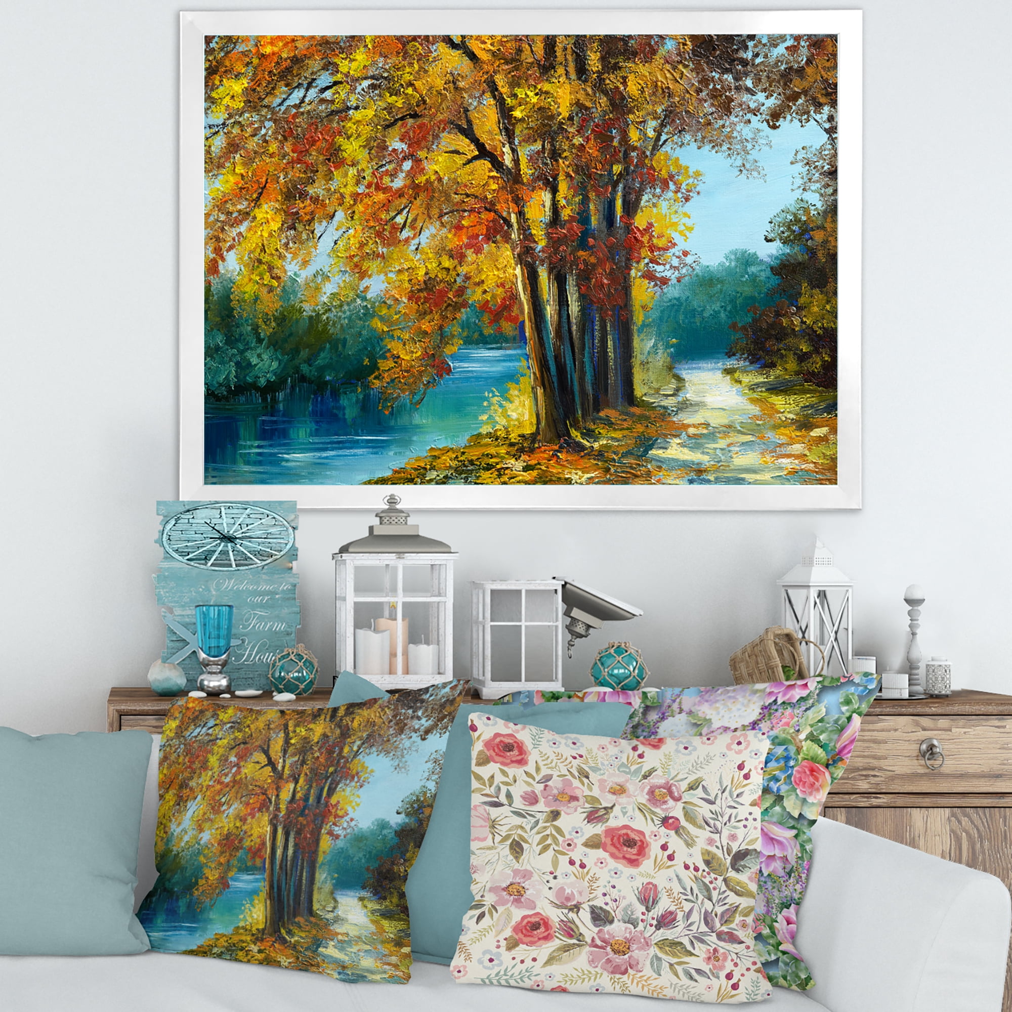 Designart 'Abstract Trees In Warm Autumn Colors By Bright Blue River' Traditional Framed Art Print