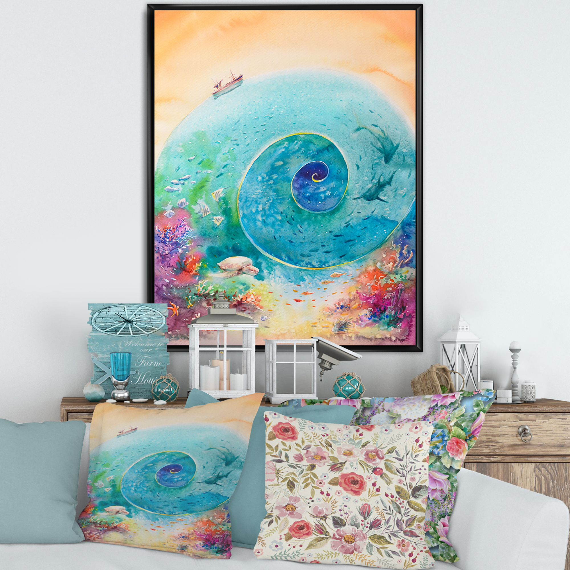 Designart 'Coral Reef Fishes With Turquoise Ocean Spiral' Nautical & Coastal Framed Canvas Wall Art Print