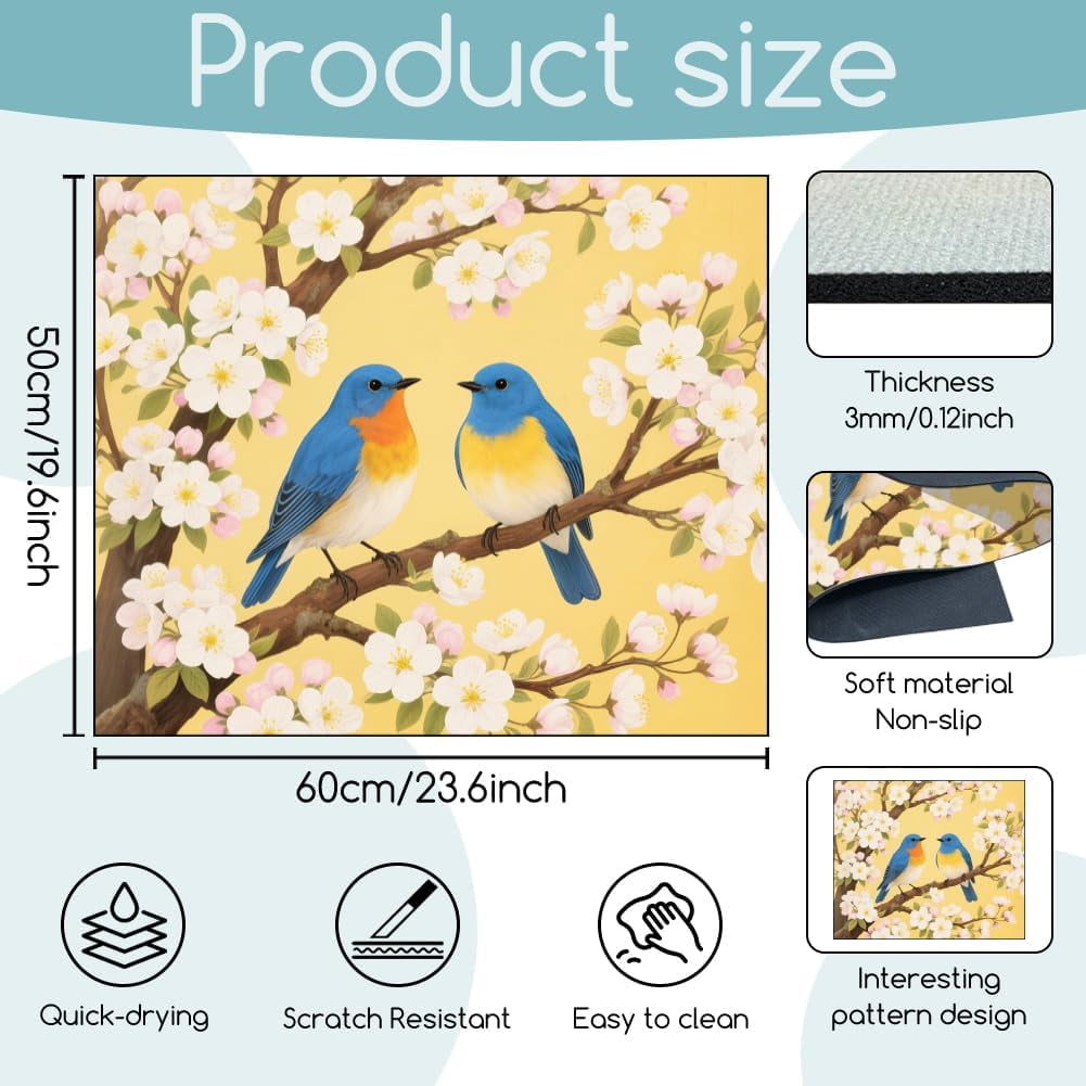 Blue Birds Laundry Room Washer Dryer Dust Cover Mat 23.6x19.6inch Flowers Branches Washing Machine Top Protector Pad Retro Non Slip