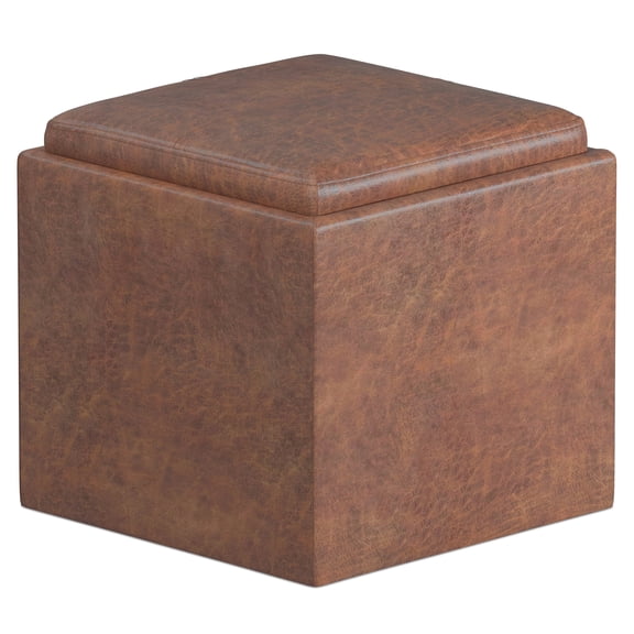 Rockwood 17 inch Wide Contemporary Cube Storage Ottoman with Tray in Distressed Saddle Brown Vegan Leather
