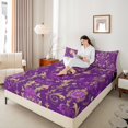 thumbnail image 4 of Feelyou Retro Fashion Damask Twin Sheet Sets, Western Mandala Paisley Twin Fitted Sheet, Purple Gold Boho Flower Flat Sheet, Ultra Soft Bedroom Decor, 3-Piece, 4 of 7