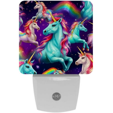 

Rainbow Unicorns LED Square Night Lights - Energy Efficient Plug-in Wall Lamp with Auto Sensor Soft Glow Illumination - for Bedroom Nursery Bathroom - Set of 2 White