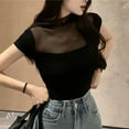 thumbnail image 6 of Olyvenn Womens Summer Short Sleeve Tops Sheer Mesh Square Neck Ribbed Slim Fitted Shirts Casual Tee Tshirt Black S, 6 of 7