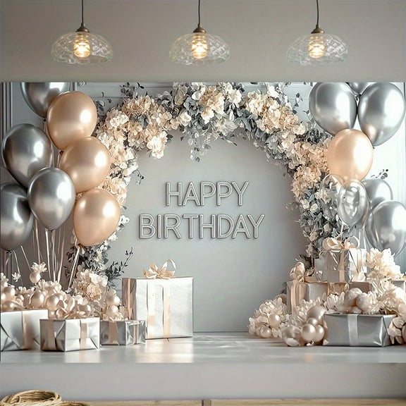Silver Happy Birthday Backdrop for Women Girl Silver and White Floral Arch Birthday Party Photography Background Silver and Golden Balloon  Happy Birthday Party Decorations Banner Photo Booth Props