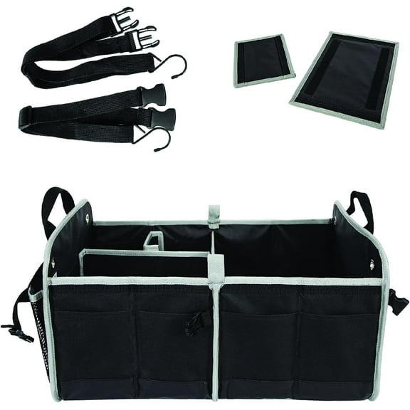 Tahoe Trails Collapsible Car Trunk Organizer – 4 Compartments, Exterior Pockets, Tie-Down Straps, Non-Slip Base – Fits SUV, Truck, Car, Sedan – Portable Storage Bin (Black, Gray straps, 1-Pack)