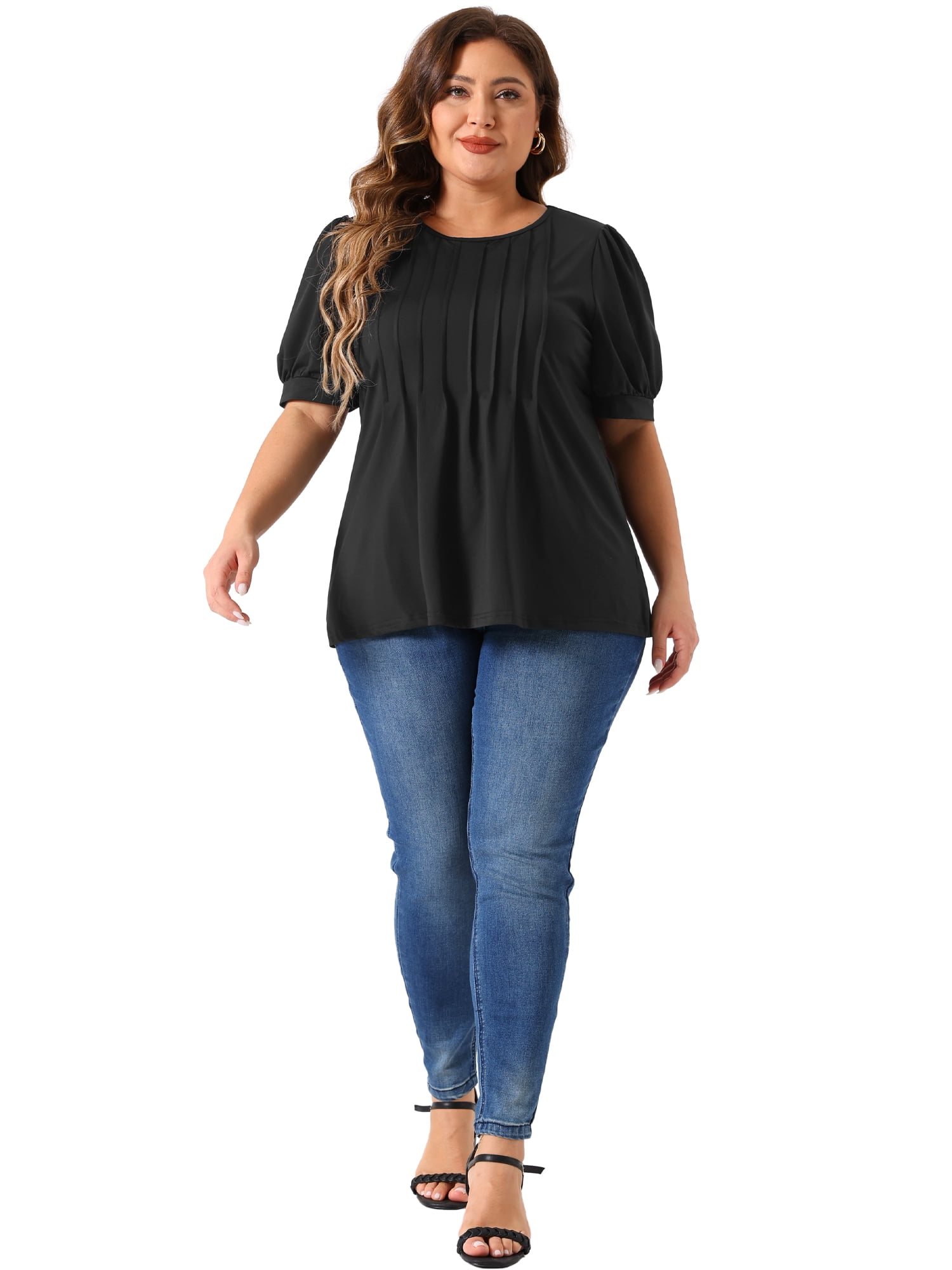 Women's Plus Top Puff Short Sleeve Tops Crew Neck Pleated Shirts Tunic Blouses 3X Black